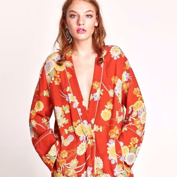 ZARA BOHO CORAL MAXI FLORAL PRINT KIMONO W/BUTTON +POCKETS SIZE S-M - Picture 4 of 6